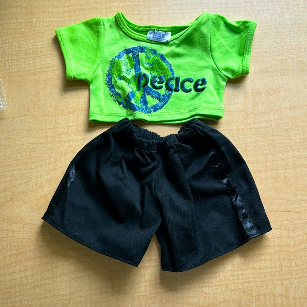 Build a bear workshop two piece outfit - green peace T-shirt and black shorts